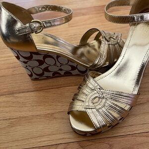 Coach Gold Wedge Sandals with Ankle Strap